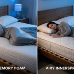 Split view of a memory foam mattress and a breathable mattress under blue light.